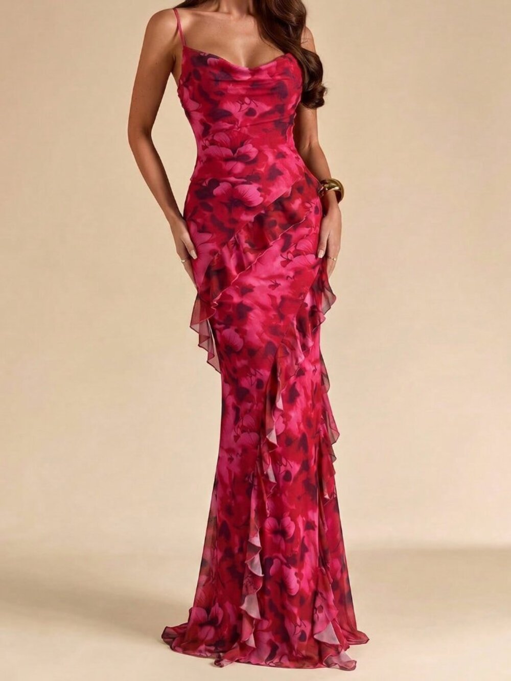 Pink Elegant Women's Fuchsia Floral Print Ruffled Draped Neck Fitted Maxi Dress - Picture 4 of 5